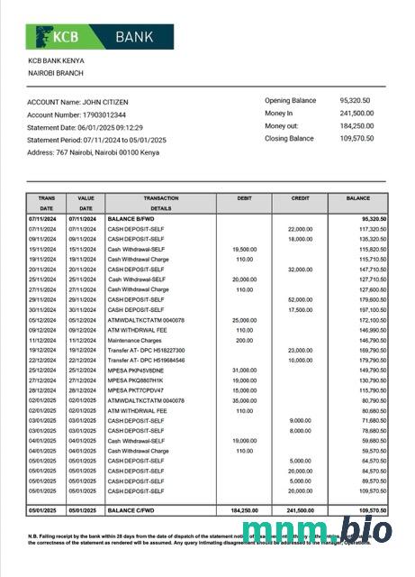 Kenia KCB wyciąg z konta bankowego Word i szablon PDF, 2 strony